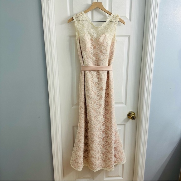 Mori Lee Dress Lace Pink White Bow Dainty Midlength Formal Cocktail Bow Size 14 - Picture 4 of 9